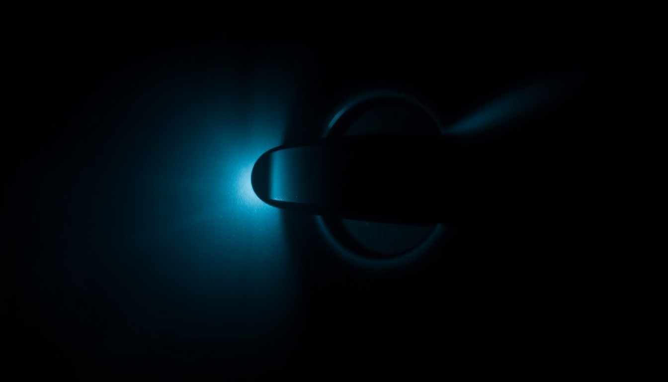 An extreme close-up photograph of a car door handle or lock mechanism, lit by a harsh, direct camera flash against a pitch-black background, conceptually illustrating the investigation of a suburban car break-in attempt.