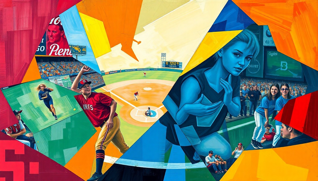 A cubist, geometric painting depicting a softball game in motion, with the players and field fragmented into sharp, overlapping planes of vibrant colors representing the SEC teams' official palettes.