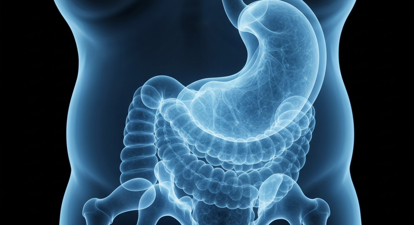 A translucent, ghostly X-ray image of the human digestive system, with intricate structures glowing in shades of blue, conceptually representing the complex biological mechanisms targeted by weight-loss medications.