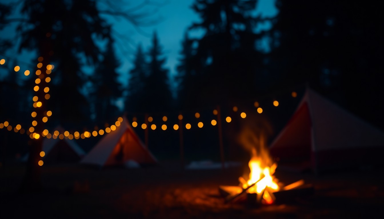 An abstract, impressionistic scene of a cozy campsite at night, with a glowing fire, twinkling lights, and blurred silhouettes of trees, captured in a warm, atmospheric wash of soft color and light.