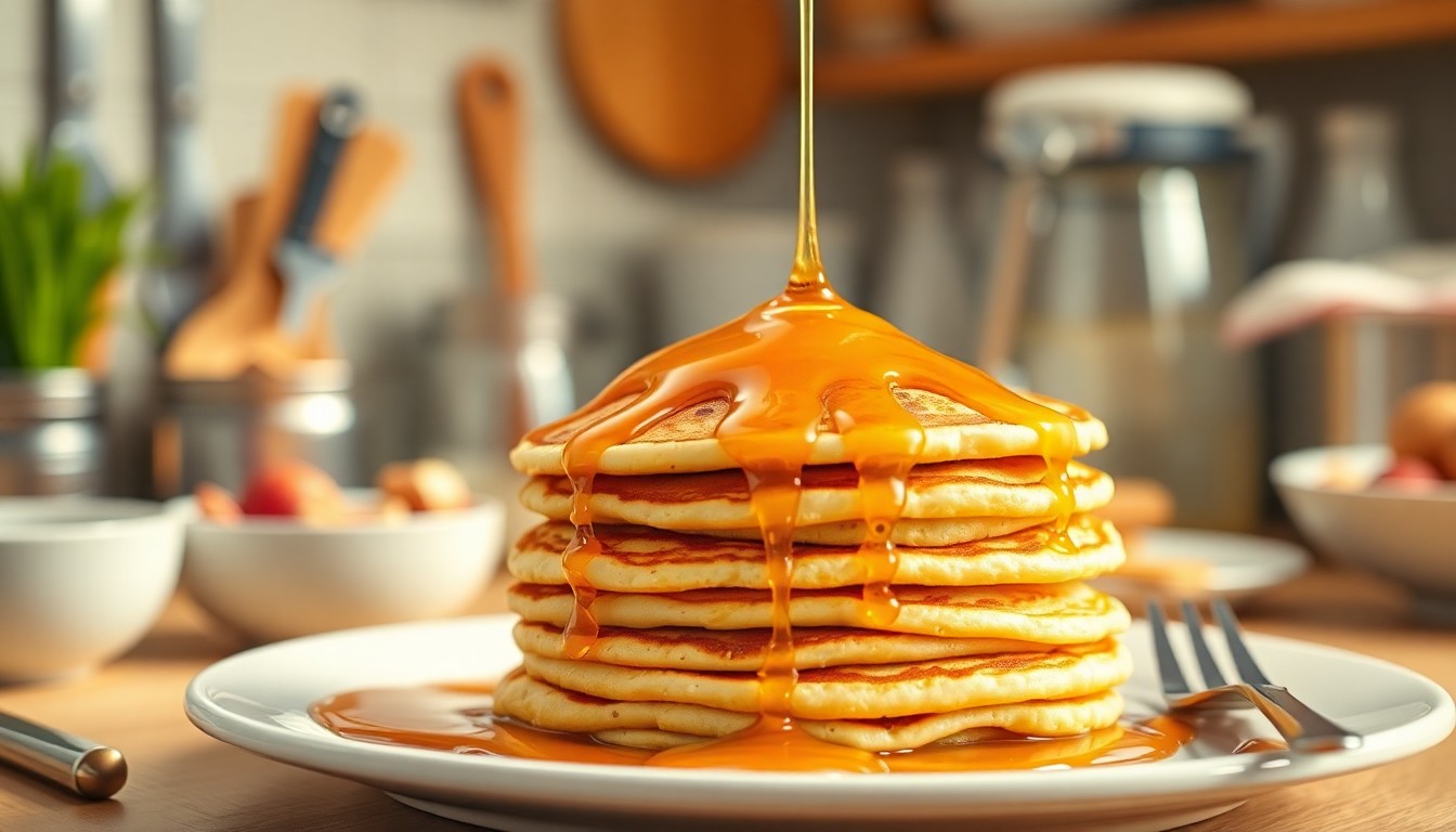 An abstract, out-of-focus photograph featuring a stack of golden pancakes drizzled with maple syrup, surrounded by a blurred background of kitchen items, conceptually representing a cozy, community-driven breakfast event.
