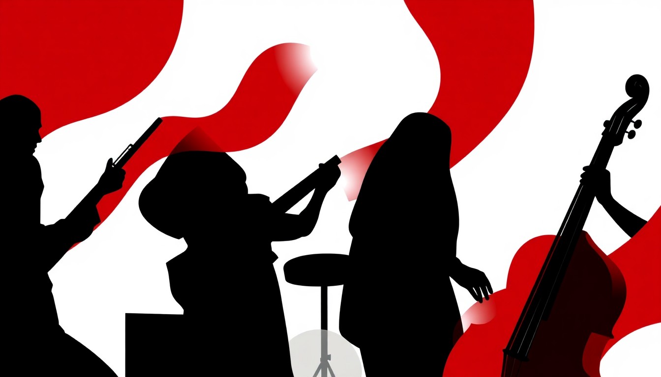 An abstract, minimalist illustration featuring bold black silhouettes of musicians and musical instruments against a high-contrast red and white background, capturing the rhythm and energy of a live jazz performance.