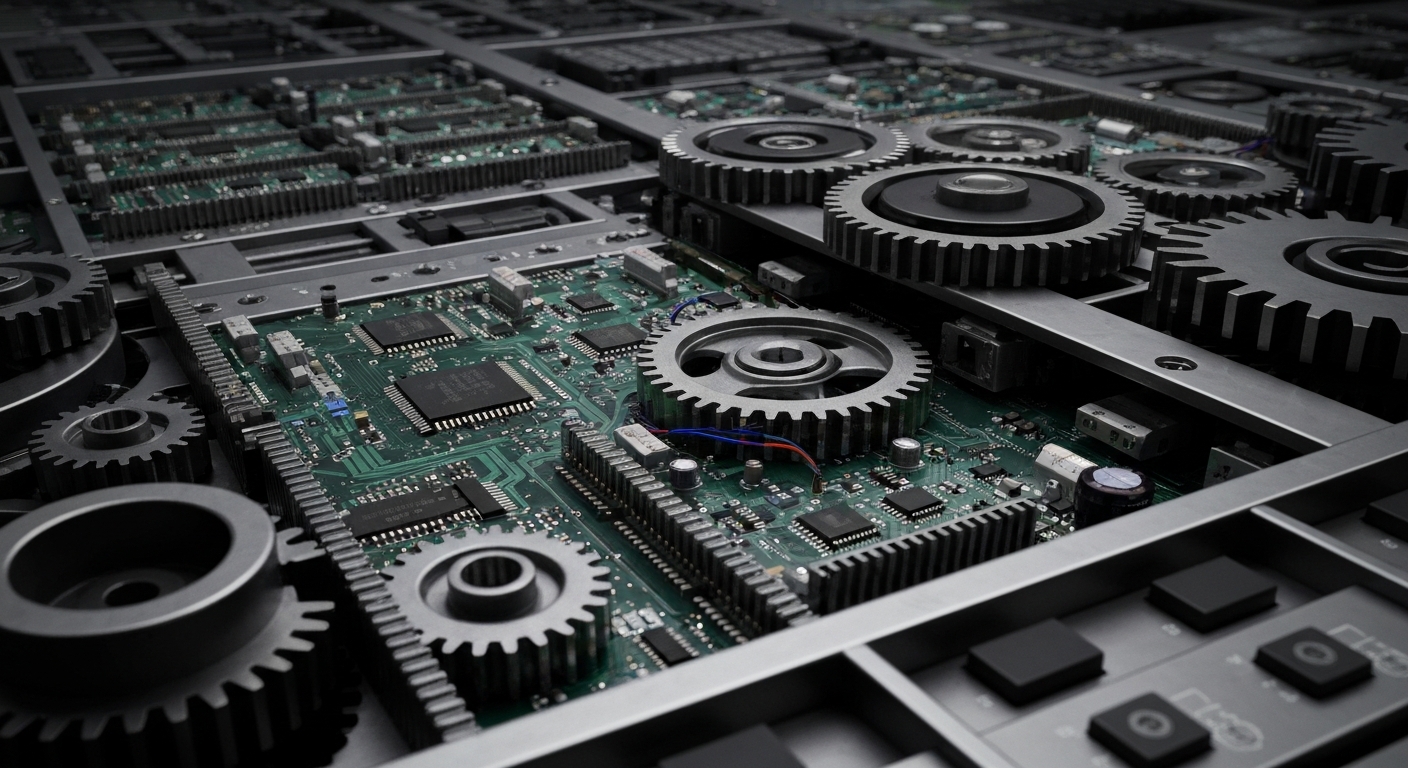 An extreme close-up of the inner components of a stock trading terminal, with gears, circuits, and other industrial elements filling the frame in a dramatic, cinematic style that conceptually represents the complex mechanics behind financial markets.
