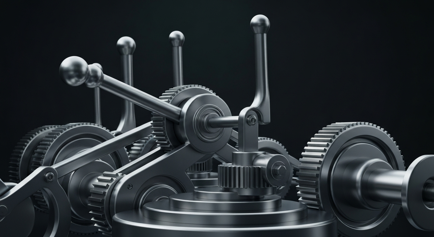 An extreme close-up of various heavy, metallic banking mechanisms and components, such as gears and levers, dramatically lit against a dark background, conceptually representing the institutional strength and stability of the financial services industry.