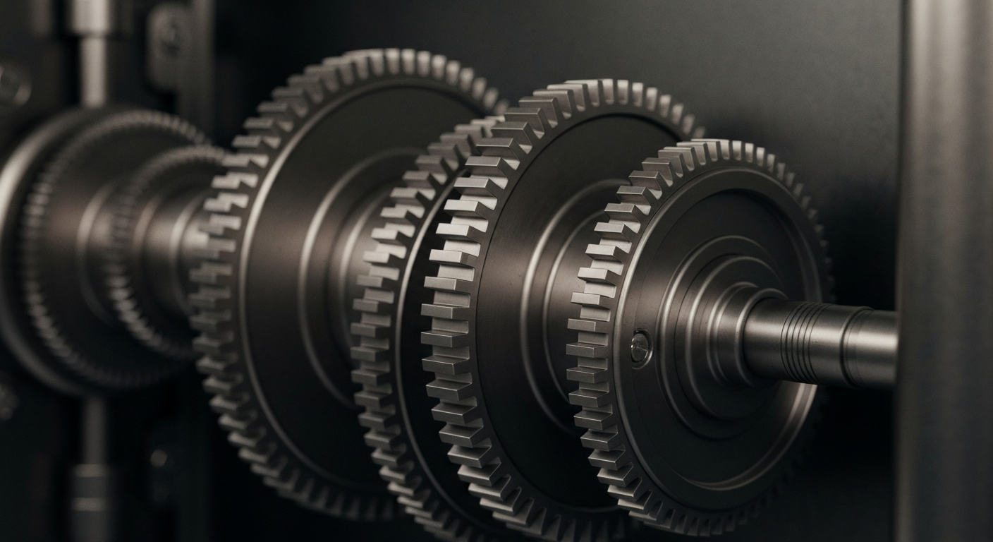 An extreme close-up of the heavy, industrial machinery and mechanisms that make up the inner workings of a bank vault, conveying a sense of the tangible, physical nature of wealth and financial security.