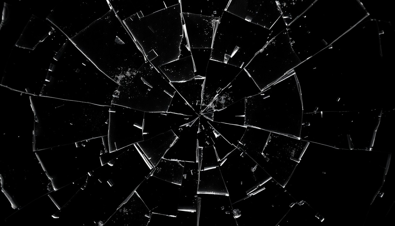 An extreme close-up of a shattered glass texture in dramatic black and white, with high-contrast lighting creating a gritty, moody aesthetic that evokes the noir-inspired world of the Spider-Noir series.