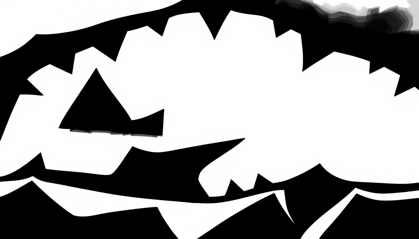 An abstract, minimalist composition of stark black silhouettes and white negative space, representing the bold, graphic style of animated film storyboarding.