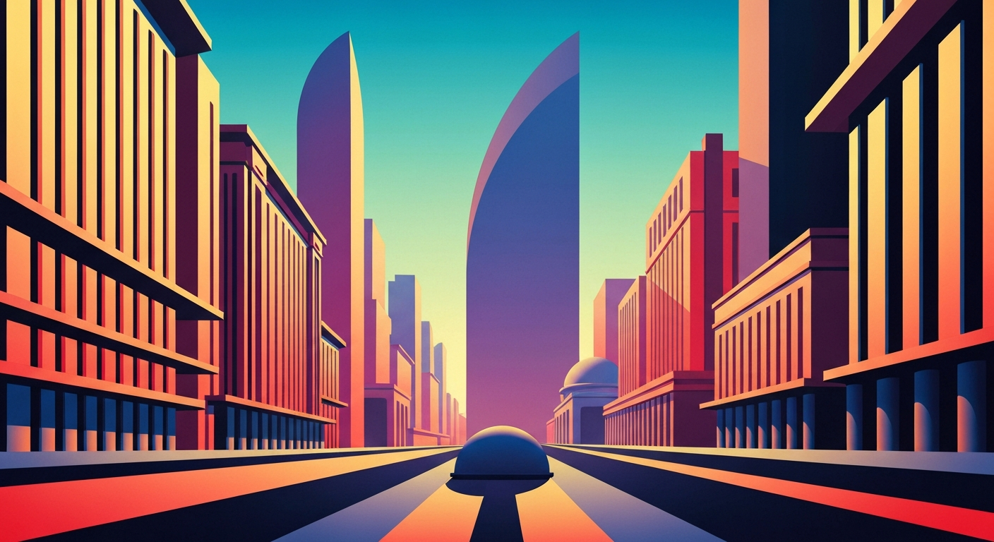 A highly stylized, geometric illustration in the Art Deco style, featuring sweeping, airbrushed gradients and towering, streamlined forms that evoke the grand scale and romance of air travel, without any literal depictions of people, buildings, or text.
