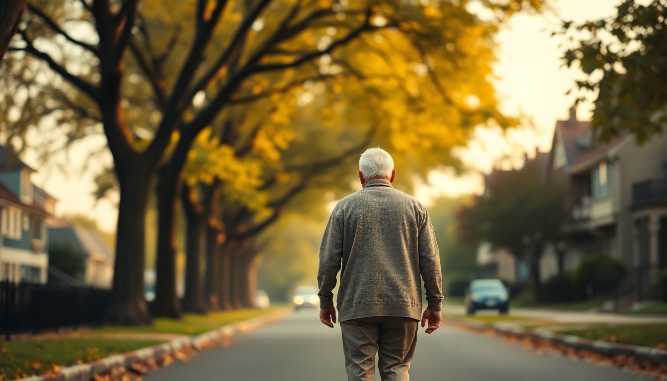 A blurred, dreamlike photograph in soft, earthy tones depicting an elderly couple walking hand-in-hand down a tree-lined street, conveying a sense of lifelong love and community.