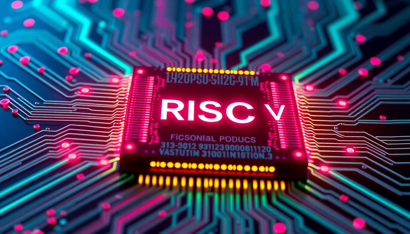 A highly detailed, glowing 3D illustration of a complex RISC-V processor chip with intricate circuitry and neon lights, representing the innovative technology behind SiFive's open-source chip designs.