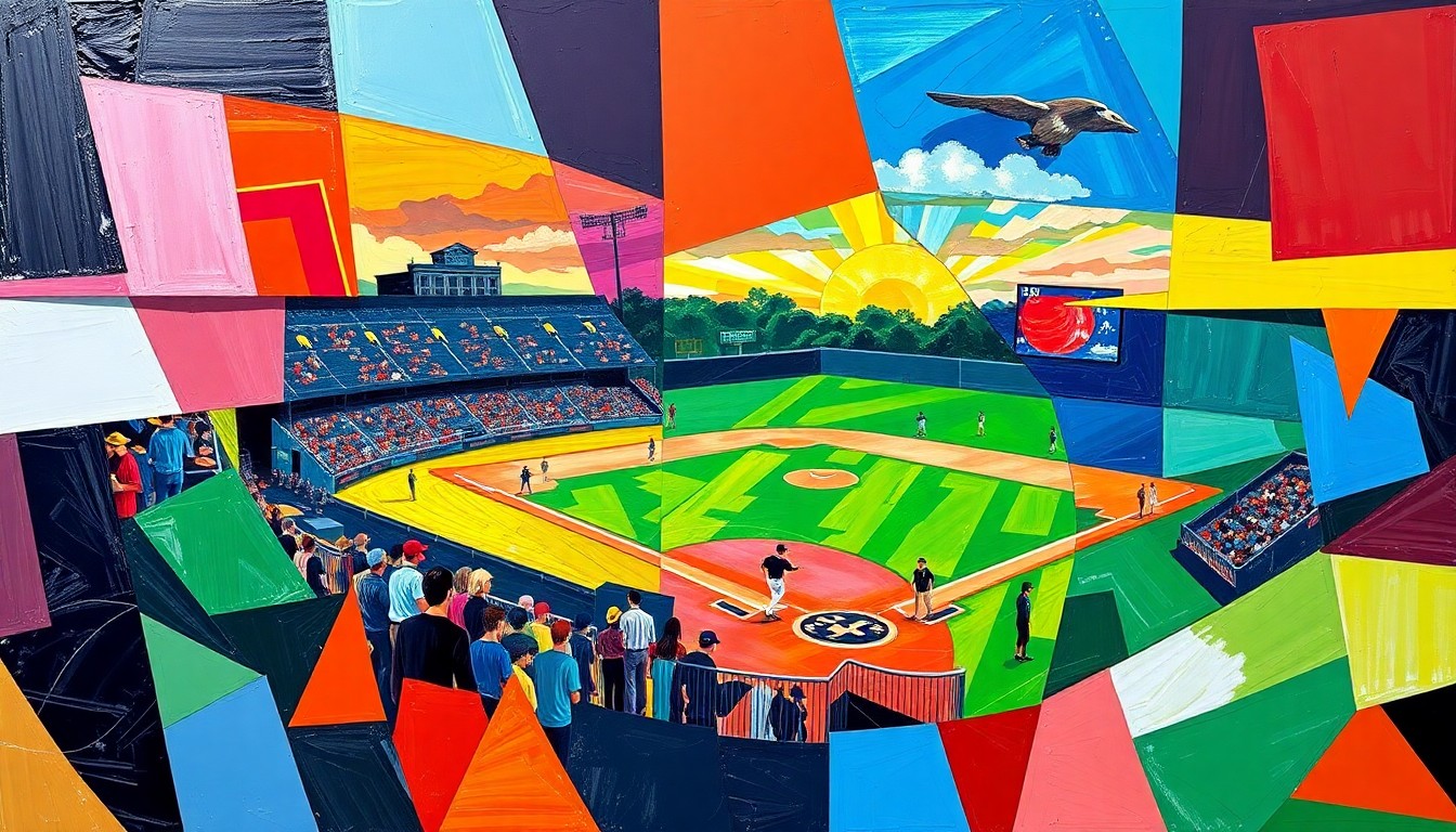 A fragmented, geometric painting depicting a high school sports scene, with sharp planes of color representing the players and action on the field.