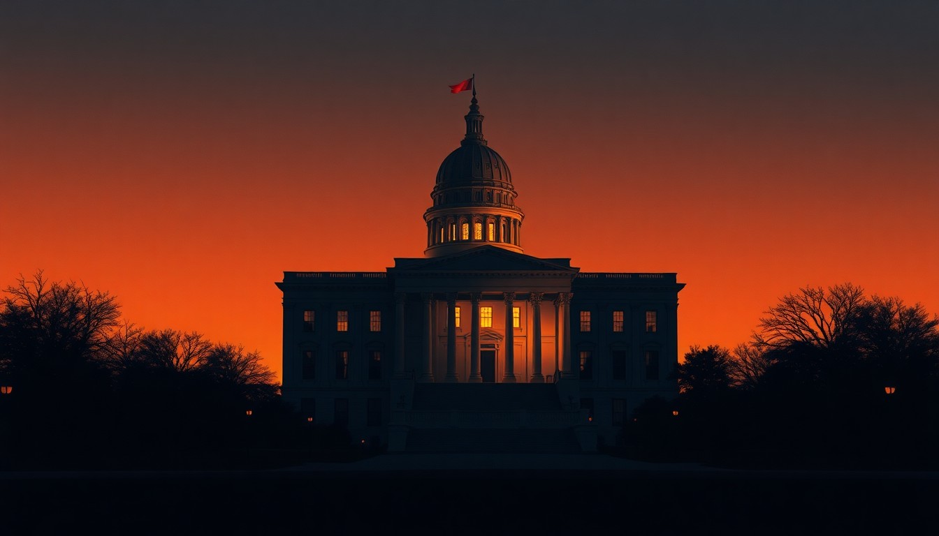 A cinematic painting of a solitary state capitol building in warm, golden light and deep shadows, conceptually representing the political tensions over the state budget.