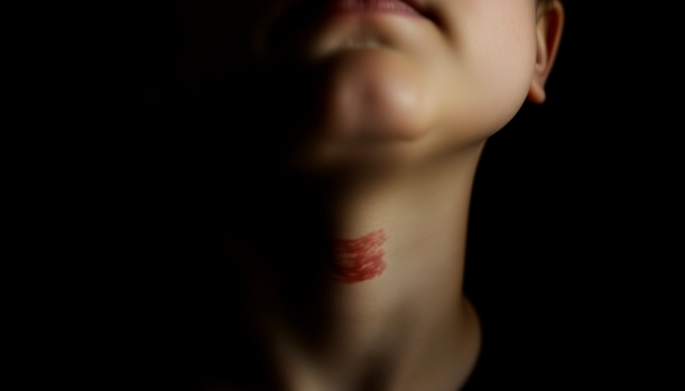 An extreme close-up photograph of a child's neck showing a red mark or bruise, lit by a harsh, direct camera flash against a pitch-black background, conceptually illustrating the alleged violence in this case.