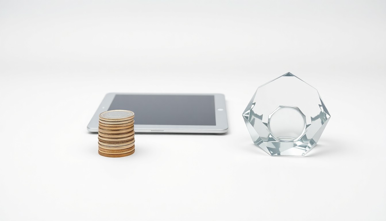 A minimalist studio still life featuring a stack of polished metal coins, a sleek tablet device, and a geometric glass paperweight, symbolizing the intersection of finance, technology, and regulatory compliance.