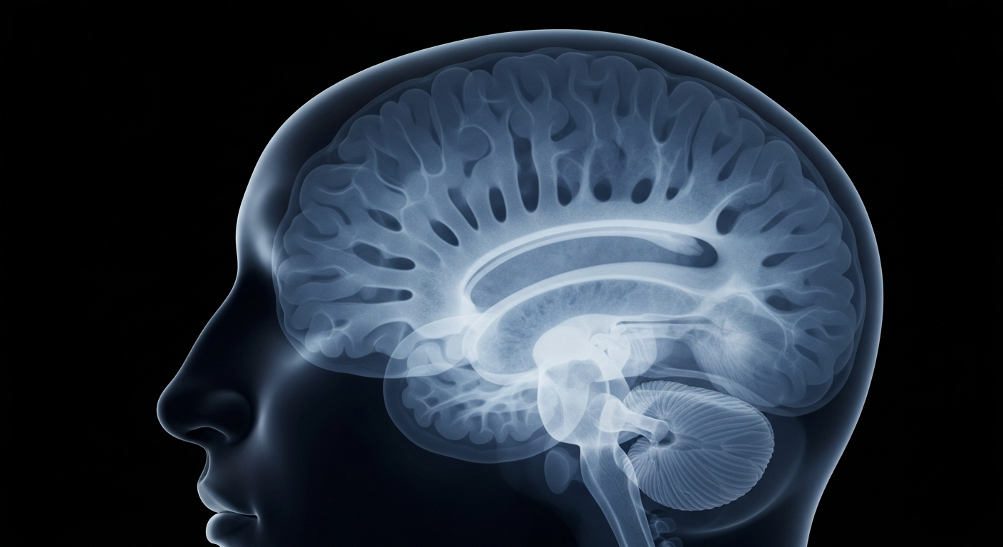 An extreme close-up X-ray photograph revealing the complex neural pathways and structures of the human brain, conceptually representing the innovative psychiatric treatments discussed in the story.