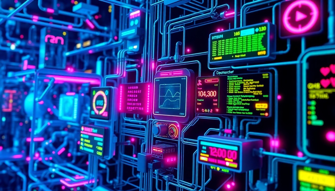 A highly detailed, glowing 3D illustration of a complex insurance claims processing system, with neon cyan and magenta lights illuminating the various components and data flows, conceptually representing the advanced technology powering Substrate AI's real-time claims monitoring solution.