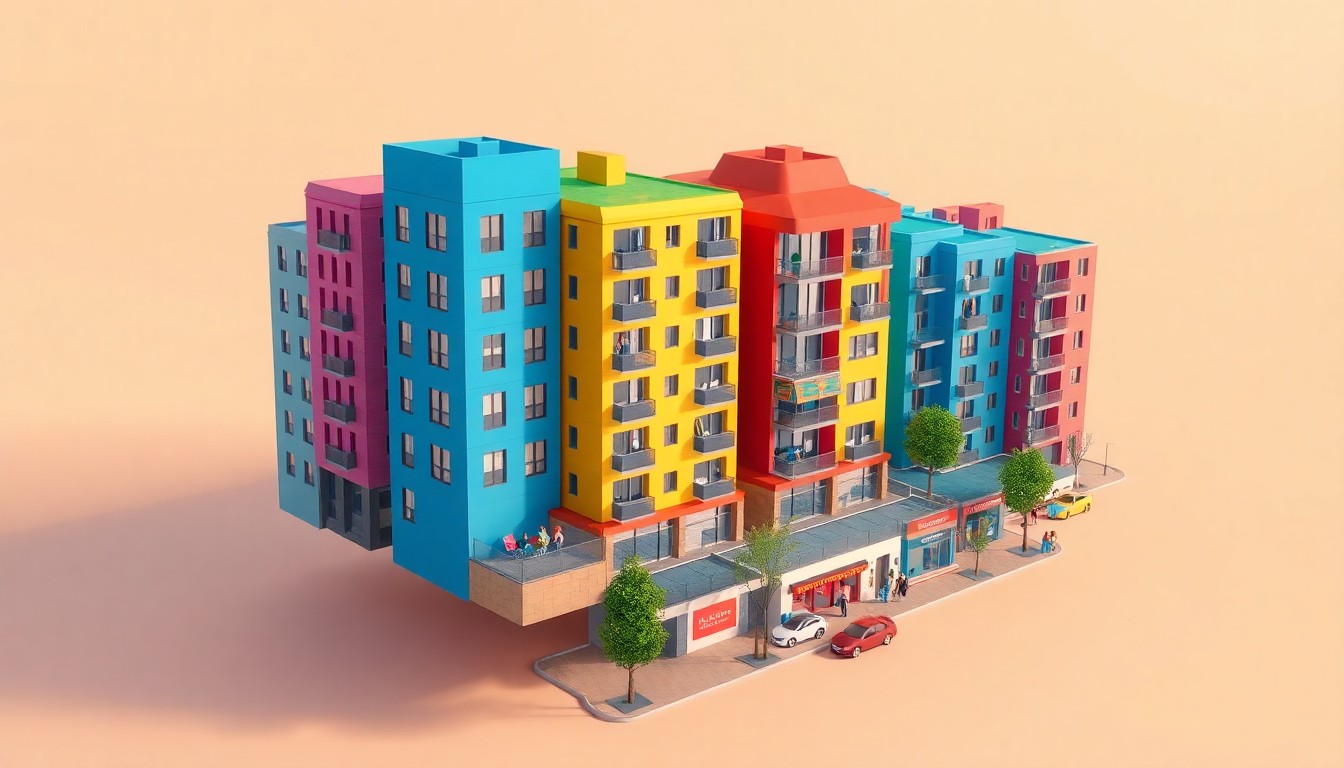 A vibrant, minimalist 3D digital illustration depicting a modern affordable housing complex with clean architectural lines, bold colors, and a lively street scene below, conveying a sense of community, sustainability, and urban renewal.