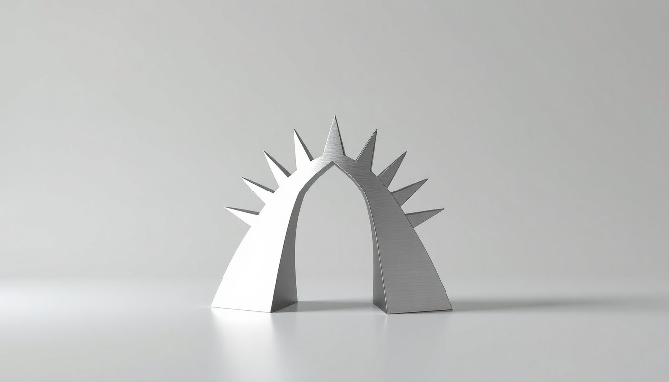 A high-end, photorealistic studio still-life photograph featuring a polished, geometric metal sculpture in the shape of a rising sun or star, resting on a clean, monochromatic background and reflecting dramatic studio lighting, conceptually representing the resilience and ambition of self-made entrepreneurs.