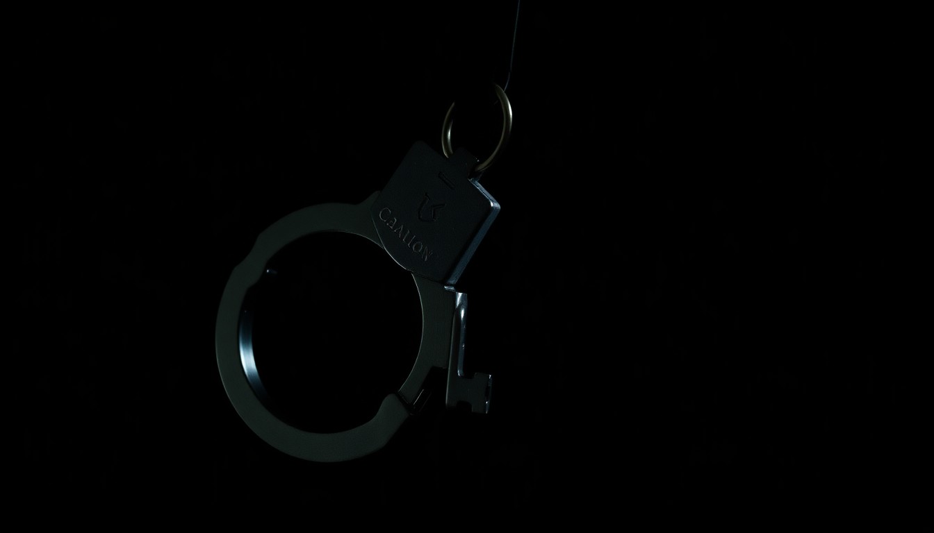 An extreme close-up of a small metal handcuff key, the details and textures of the object dramatically illuminated by a harsh, direct camera flash against a pitch-black background, conceptually representing the complexities of the criminal justice system's handling of serious sexual assault crimes.