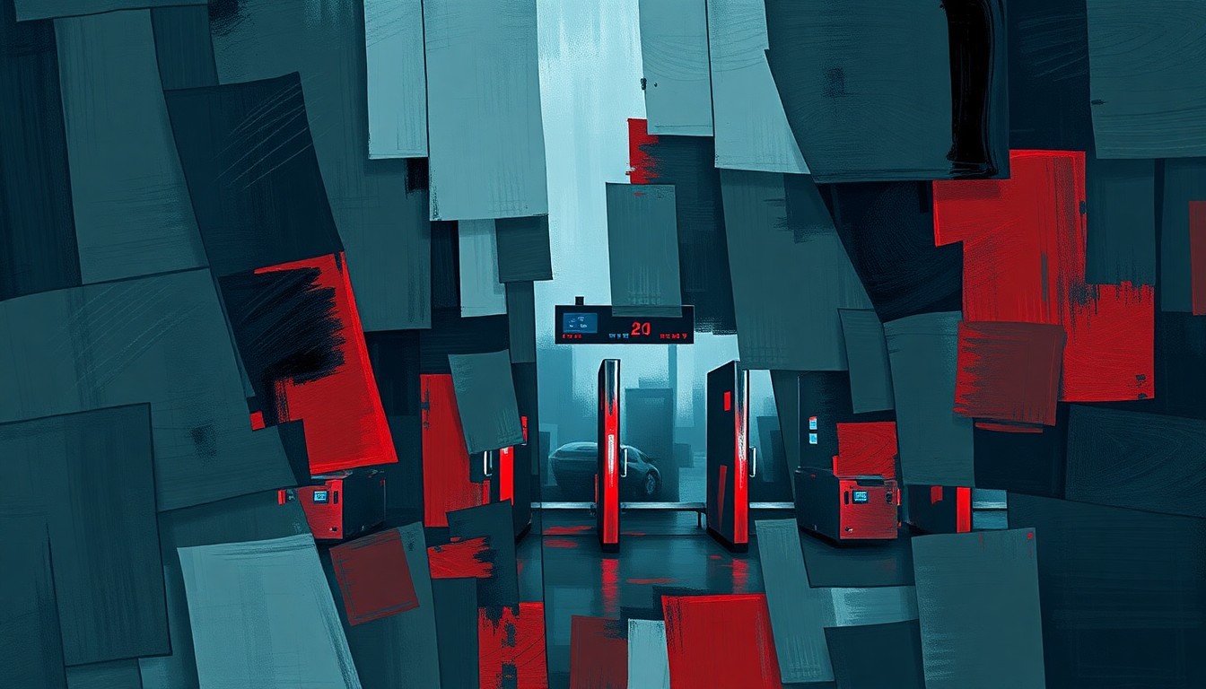 A dynamic, abstract painting featuring overlapping, fragmented shapes and lines in shades of blue, grey, and red, conceptually representing the disruption and uncertainty surrounding the potential removal of customs officers from airports in sanctuary cities.