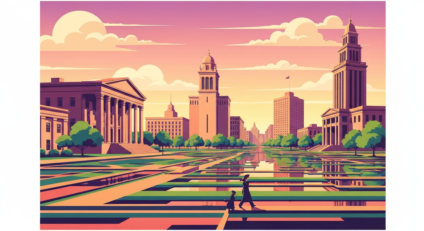A bold, geometric illustration depicting the grand scale and architectural landmarks of Starkville, Mississippi, rendered in a stylized, airbrushed Art Deco aesthetic that captures the city's sense of romance and adventure as a travel destination.