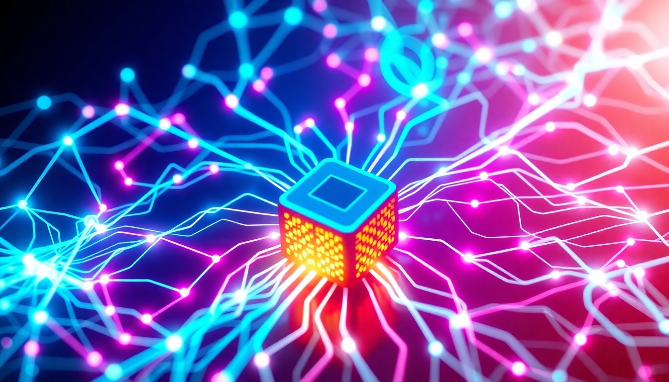 A highly detailed, glowing 3D illustration of a complex neural network diagram, with pulsing neon cyan and magenta lines representing the flow of data and insights. The network is anchored by a central server or data center hub, symbolizing the enterprise-grade infrastructure powering the predictive AI model.