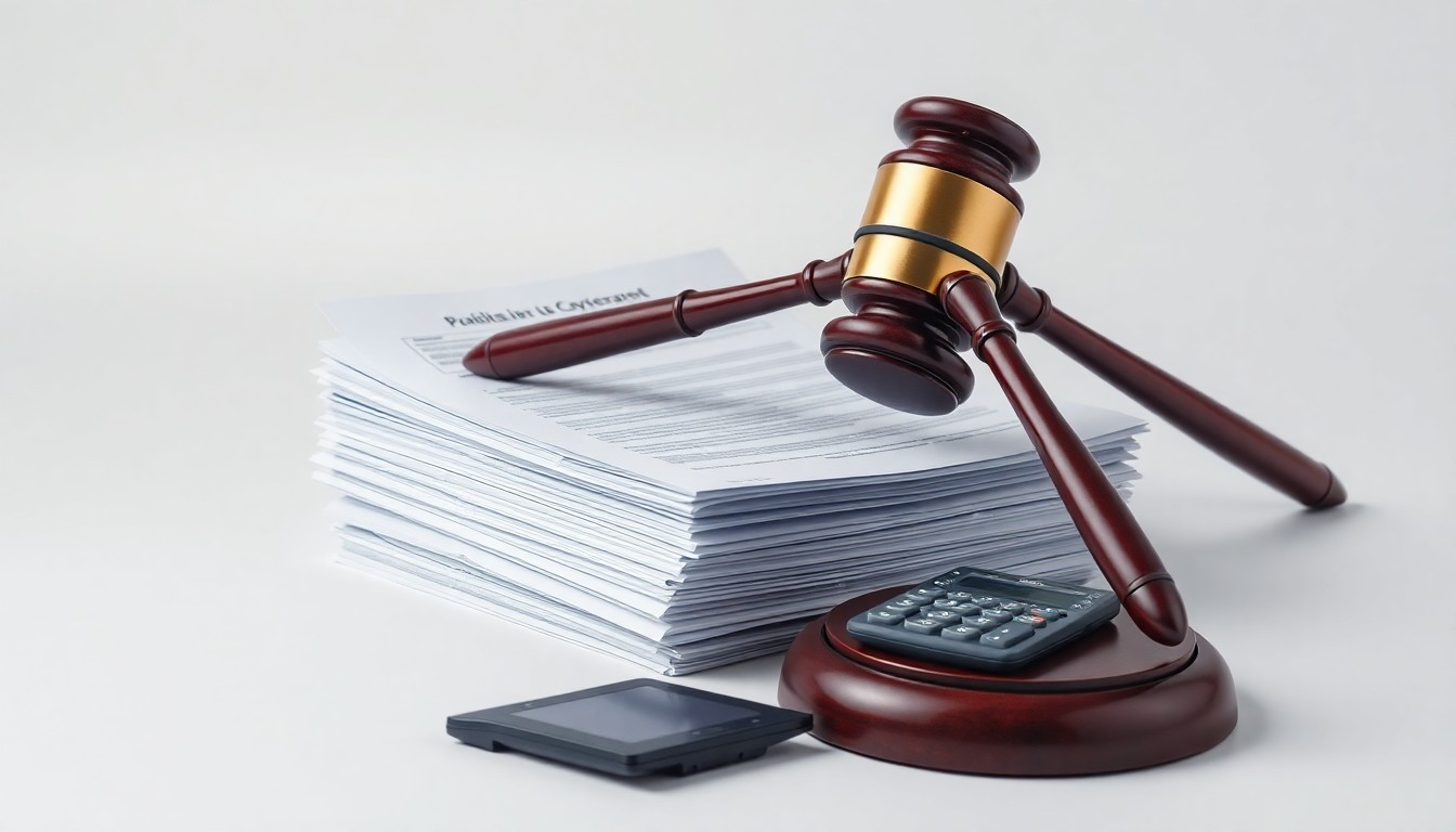 A photorealistic studio still life featuring a stack of legal documents, a gavel, and a calculator on a clean, monochromatic background, conceptually representing the abstract corporate litigation and financial risks facing Zynex and its investors.