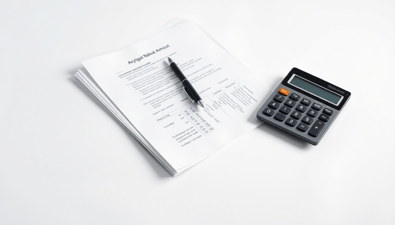 A photorealistic studio still life featuring a stack of financial documents, a pen, and a calculator on a clean, white background, symbolizing the abstract concepts of corporate strategy, finance, and retirement planning.
