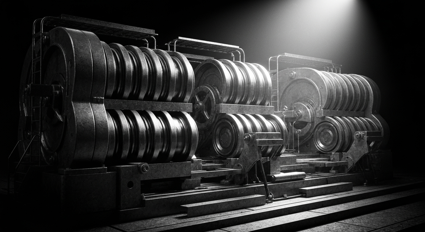 An extreme close-up of intricate, metallic banking machinery and mechanisms, conveying the secure and powerful infrastructure of the financial industry.