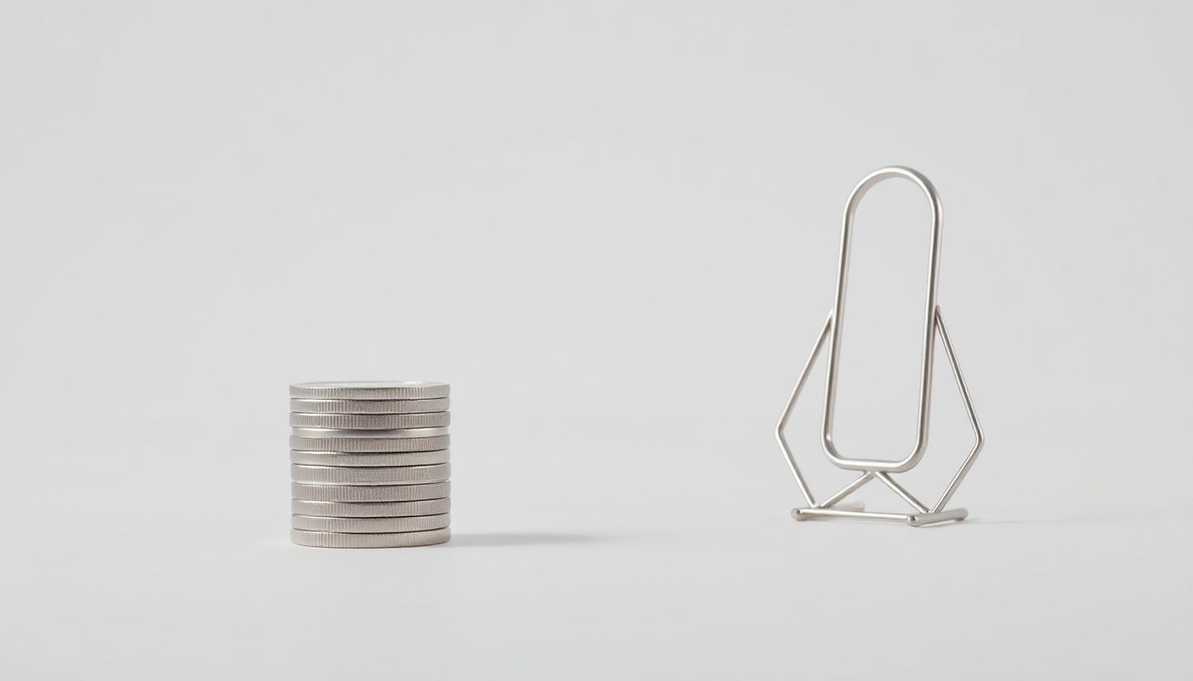 A minimalist, high-contrast studio photograph featuring a stack of shiny metal coins and a sleek, geometric metal paperclip sculpture on a plain, white background, symbolizing the abstract concepts of financial technology and innovative financing.