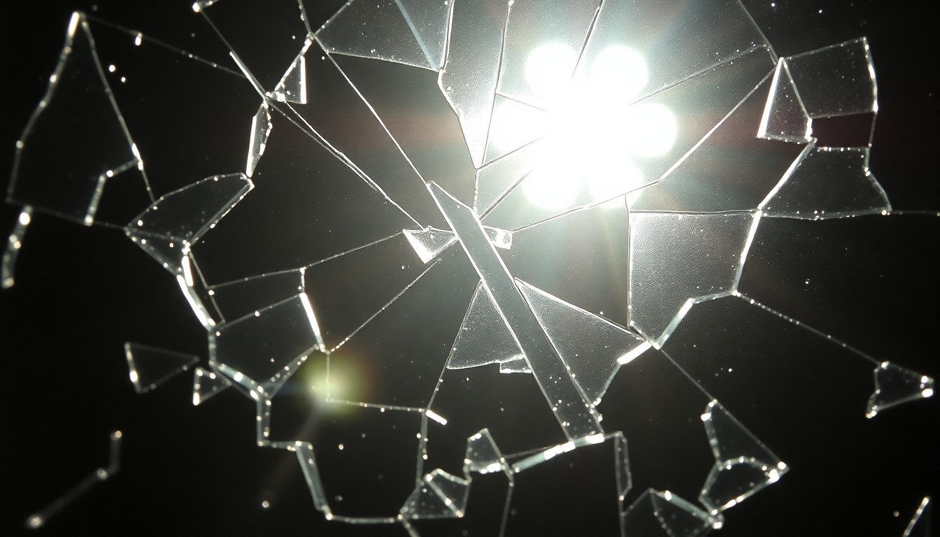 An extreme close-up of shattered glass reflecting dramatic studio lighting, conceptually representing the dramatic medical crisis faced by a beloved TV character.