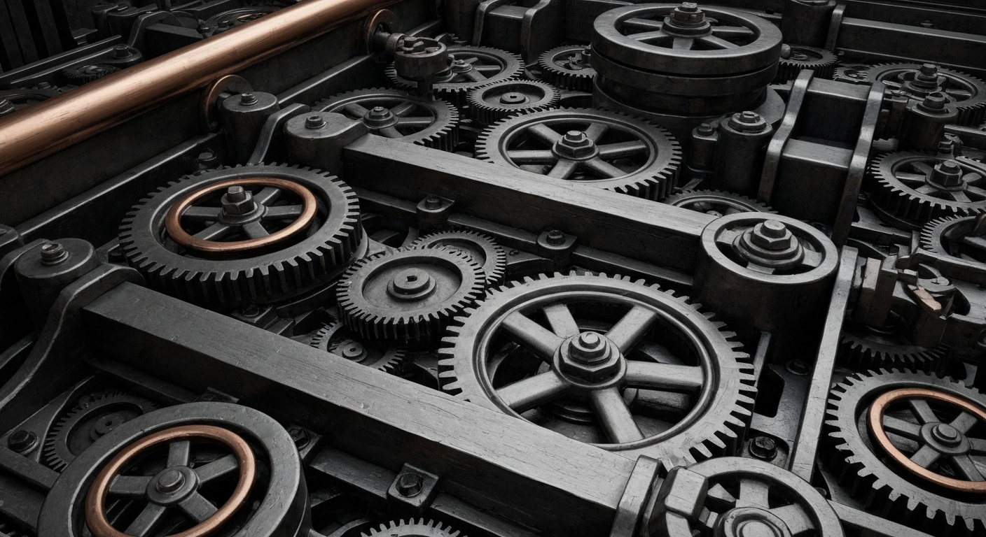 An extreme close-up of complex, industrial banking machinery in shades of steel grey, copper, and black, conceptually representing the secure, powerful infrastructure of the financial system.