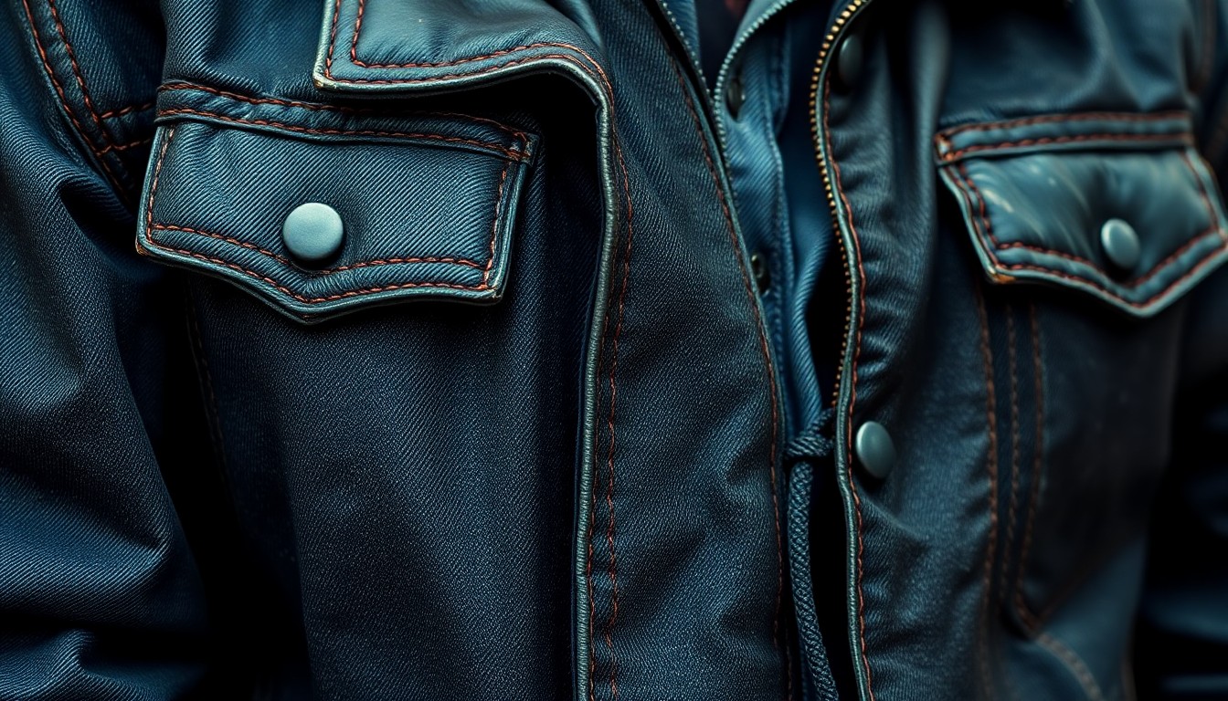 An extreme close-up photograph of a worn, distressed denim jacket with faded leather detailing, capturing the gritty glamour of Michael J. Fox's acting career.