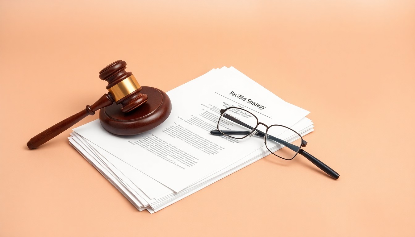 A photorealistic studio still-life featuring a stack of legal documents, a gavel, and a pair of glasses arranged on a clean, monochromatic background, conceptually representing the abstract corporate strategy and legal complexities surrounding the PacifiCorp wildfire case.
