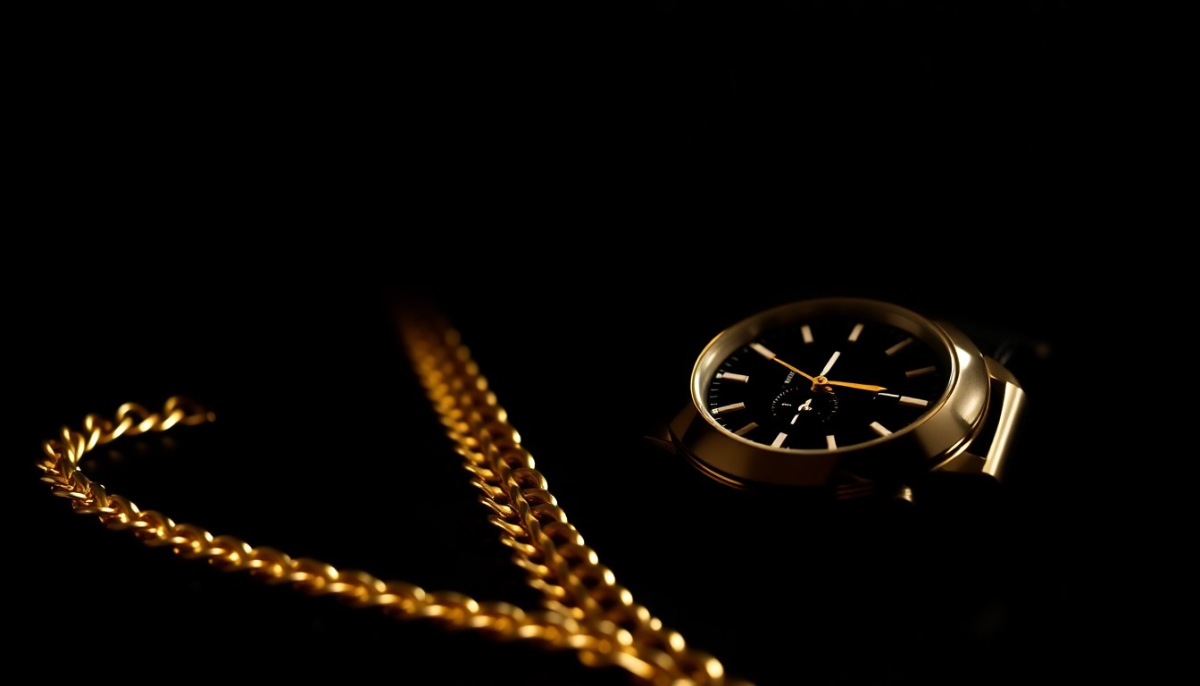 An extreme close-up photograph of a gold chain and watch on a dark background, lit by a harsh, direct camera flash, conceptually representing the valuable items allegedly stolen during a violent confrontation in the music industry.