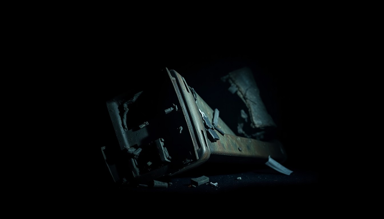 An extreme close-up photograph of a twisted, damaged metal object from the crash site, lit dramatically with harsh flash lighting to create a stark, gritty visual that conceptually represents the tragedy and investigation surrounding the deadly migrant smuggling incident.