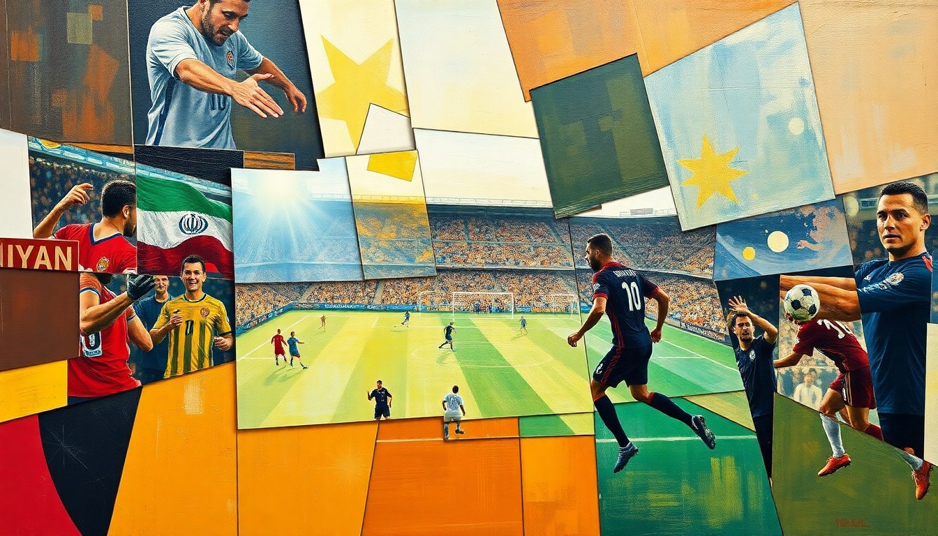 A fragmented, geometric painting depicting a soccer match or competition, with overlapping planes of color and shape representing the complex feelings of Iranian American fans towards their national team.