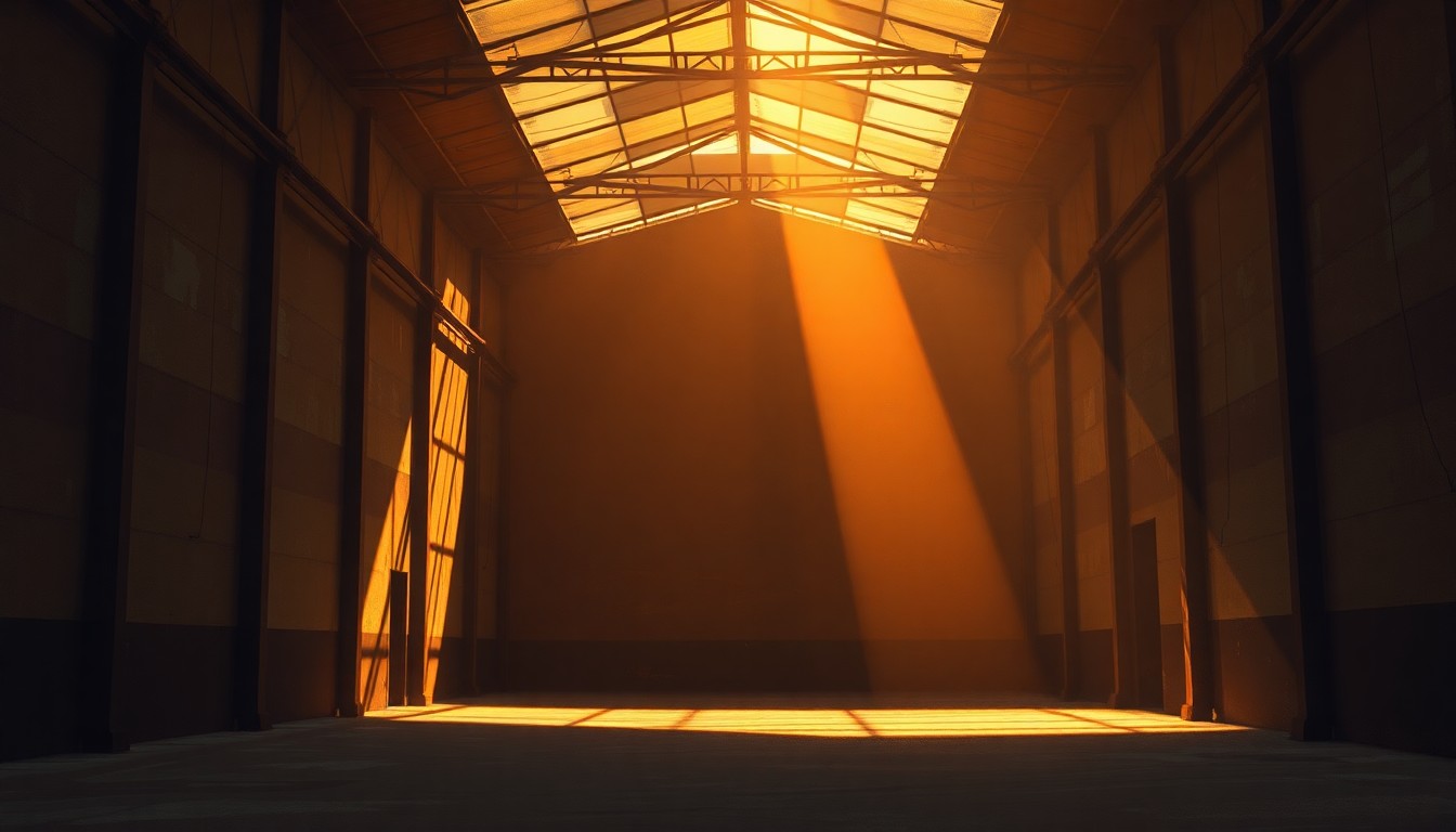 A photorealistic painting of a large, nondescript warehouse building bathed in warm, golden sunlight, with deep shadows creating a sense of tension and unease around the structure.