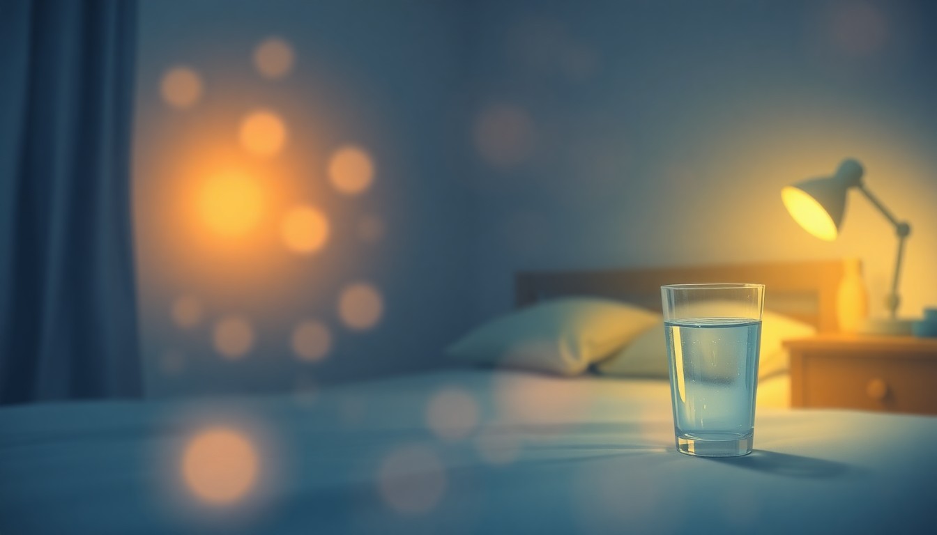 An extremely abstracted, out-of-focus photograph of a child's bedroom at night, with soft pools of warm light reflecting off a glass of water on the bedside table, creating a dreamlike, ethereal scene that captures the comforting mood of the children's book 'The Star Grabber'.