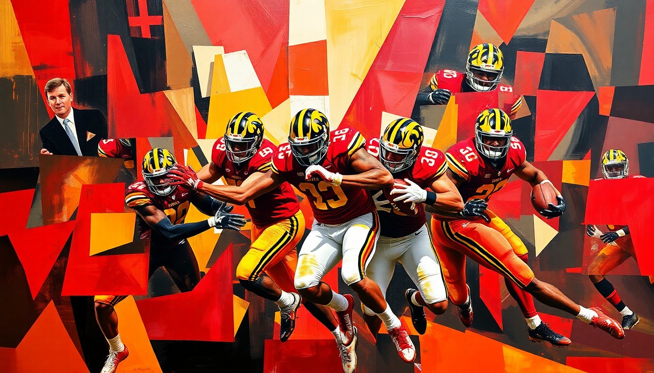 A cubist, geometric illustration depicting the intense action of a football pass rush, with sharp, overlapping planes of red, black, and gold representing the Maryland Terrapins' defensive scheme.