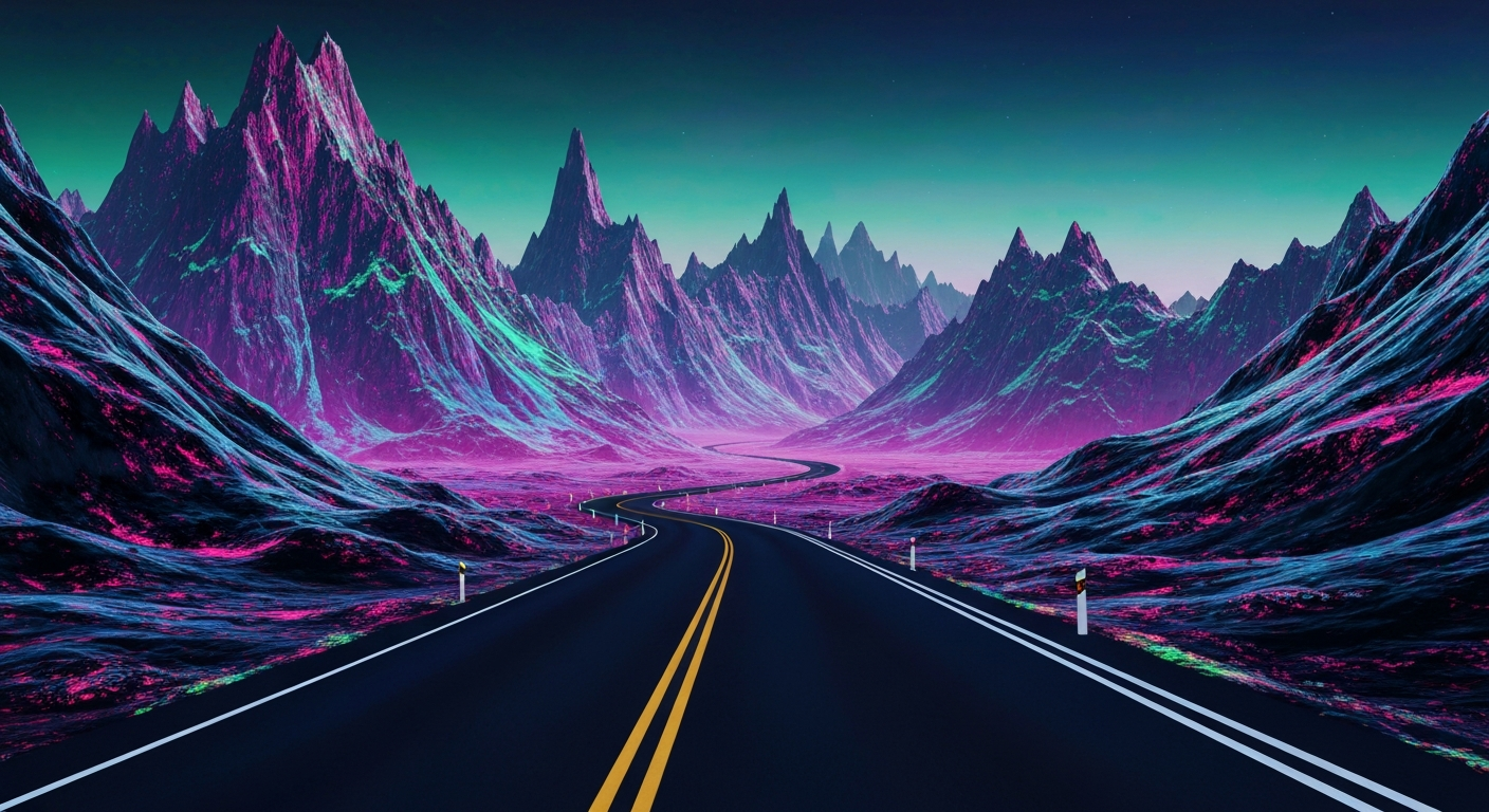 A highly stylized, geometric illustration of a winding mountain road cutting through a dramatic, towering landscape, capturing the grand scale and romance of travel through Colorado's scenic high country.