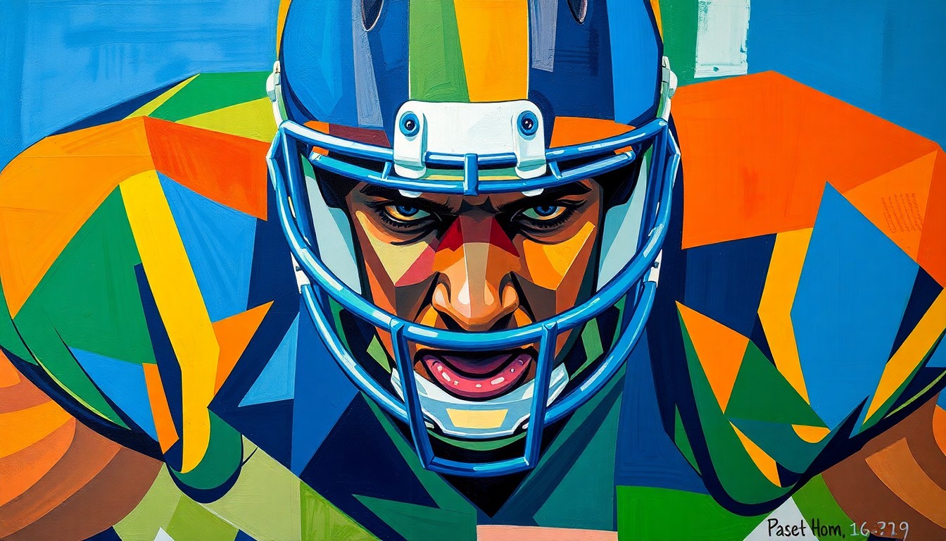 A fragmented, geometric painting depicting an offensive lineman in motion, with sharp planes of blue, orange, and green conveying the power and dynamism of the position.