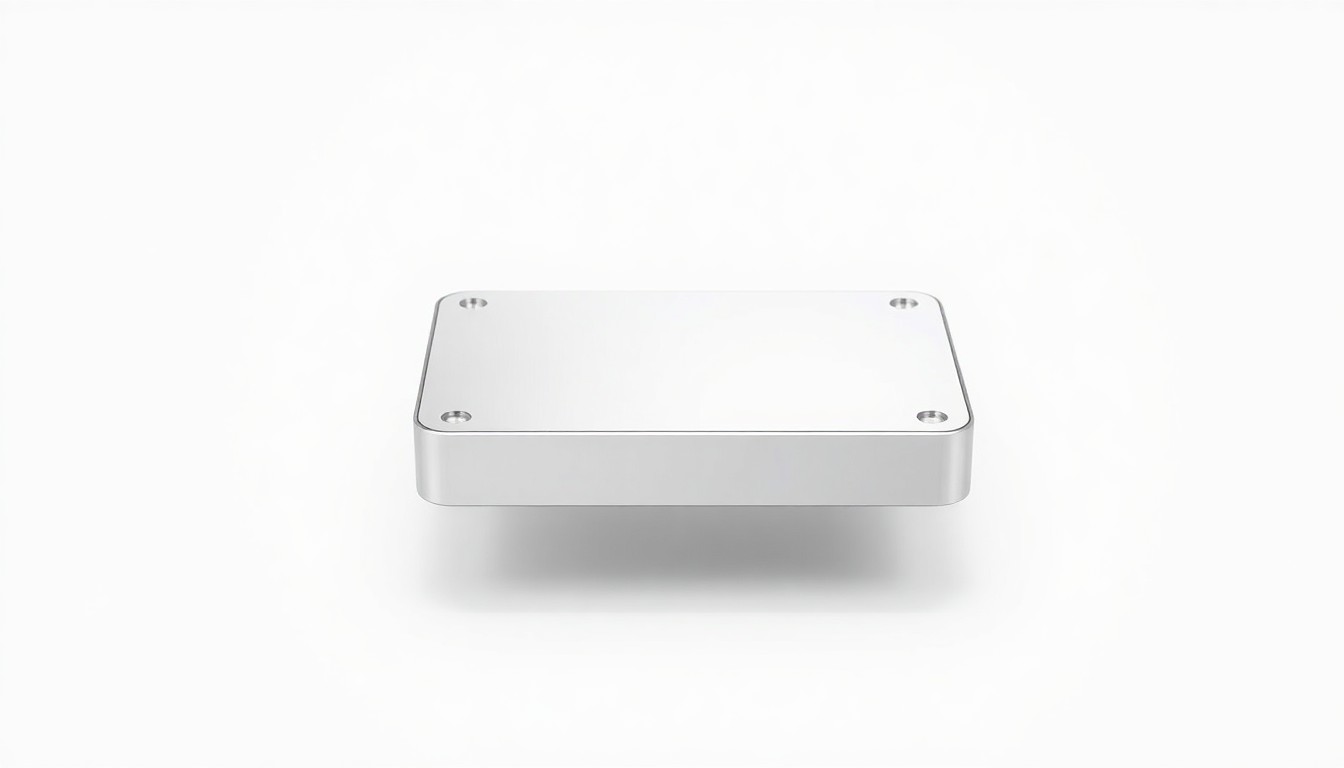 A close-up photograph of a sleek, modern data storage device made of polished metal and glass, floating on a clean white background and dramatically lit to emphasize its premium materials and design.