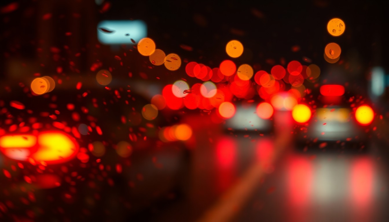 An abstract, impressionistic photograph showing the blurred taillights and silhouettes of cars on a wet, glistening road at night, with soft pools of warm amber and crimson light, conveying the mood and impact of a pothole incident on a major city street.