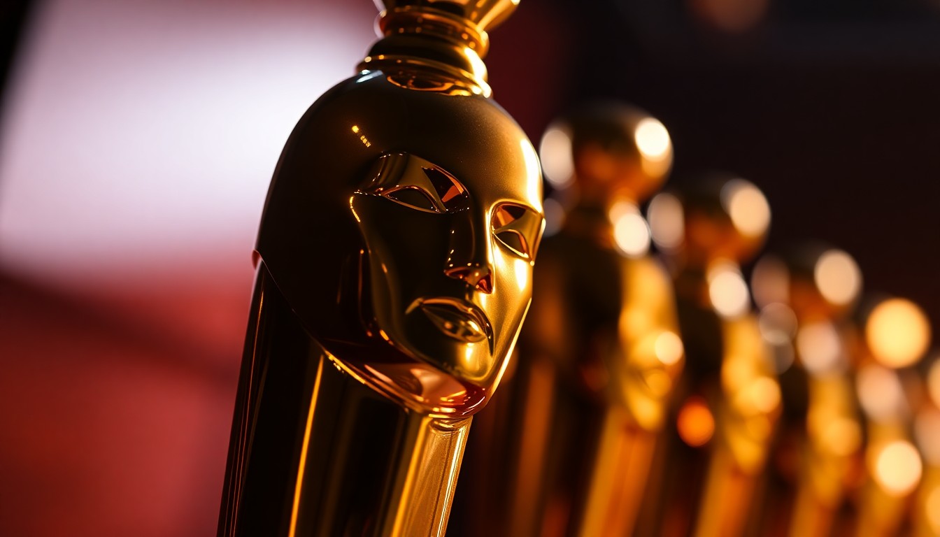 An abstract close-up photograph of a highly reflective, metallic entertainment industry award statuette, using dramatic studio lighting to capture a sense of luxury and glamour associated with the entertainment business.
