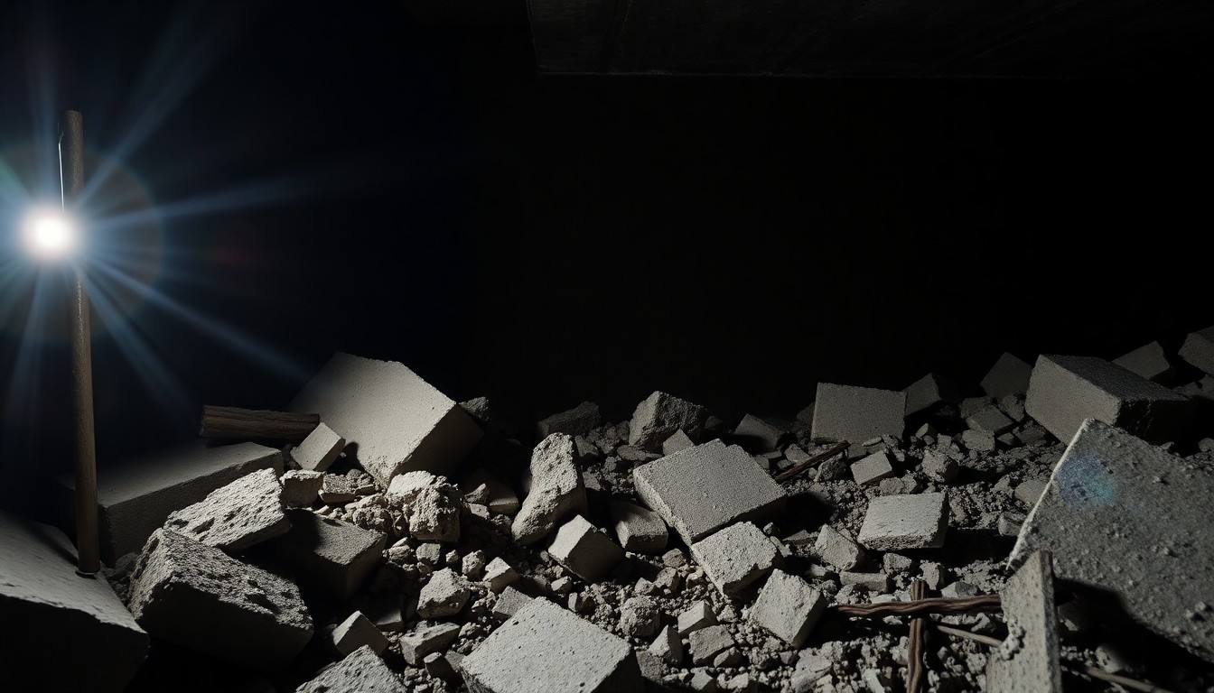 An extreme close-up photograph of twisted, crumbled concrete and exposed rebar, conceptually illustrating the sudden and devastating structural failure of the parking garage.