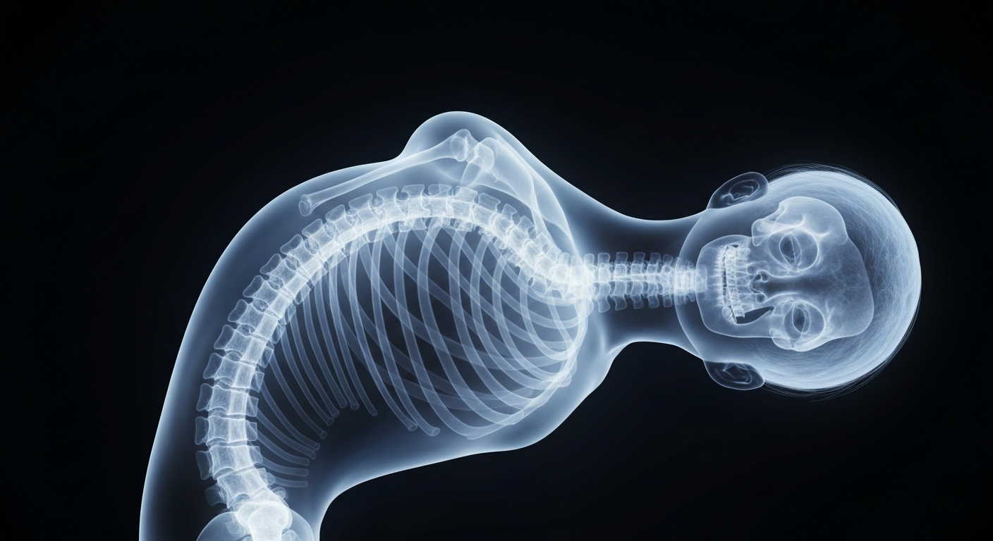 A translucent X-ray image showing the glowing skeletal structure and curved spine of a young person, conceptually representing the physical and emotional challenges of living with scoliosis.