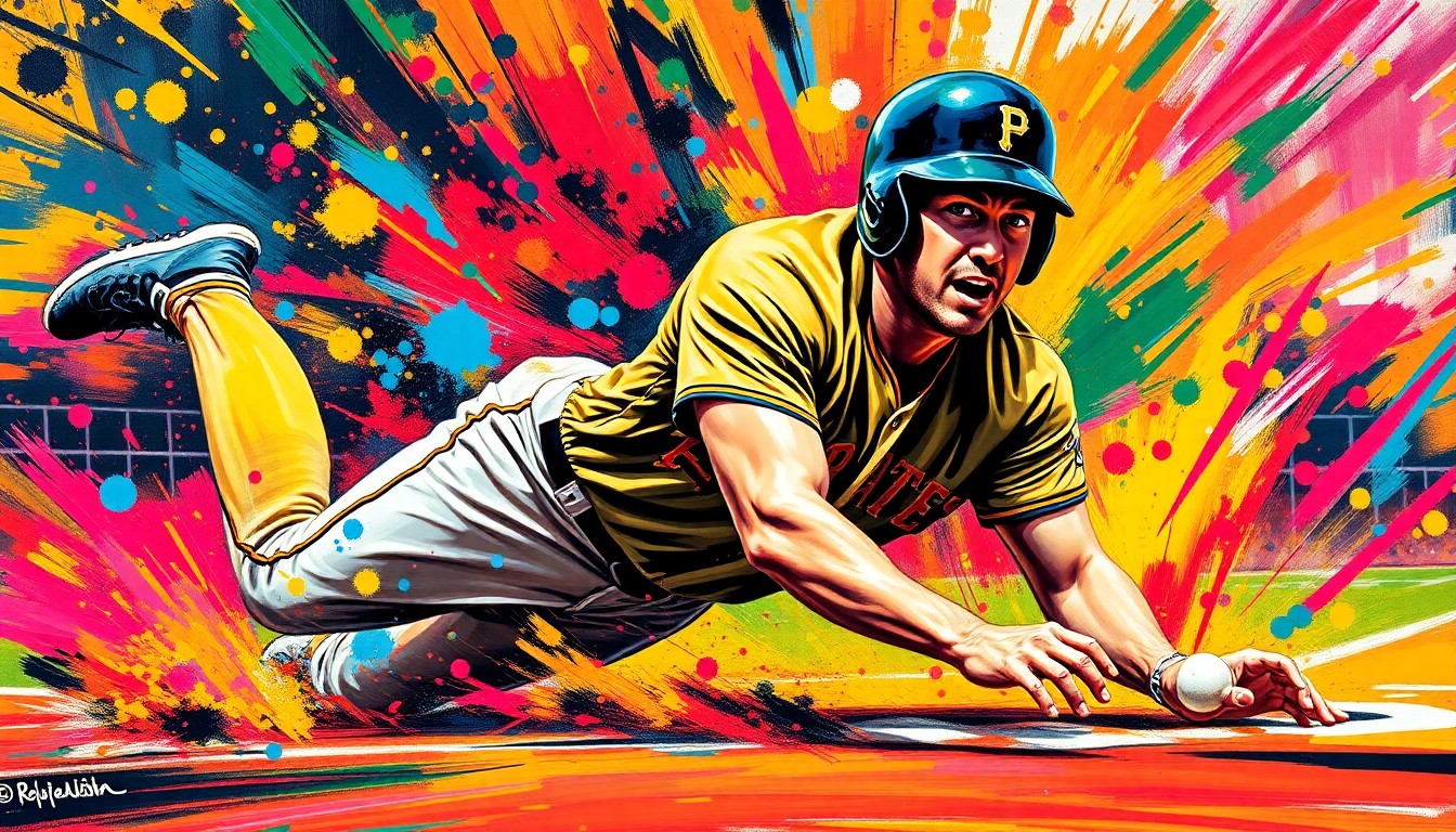 An abstract expressionist painting in vibrant neon colors, depicting the blurred motion of a baseball player sliding into home plate, the player's form dissolving into energetic brushstrokes.