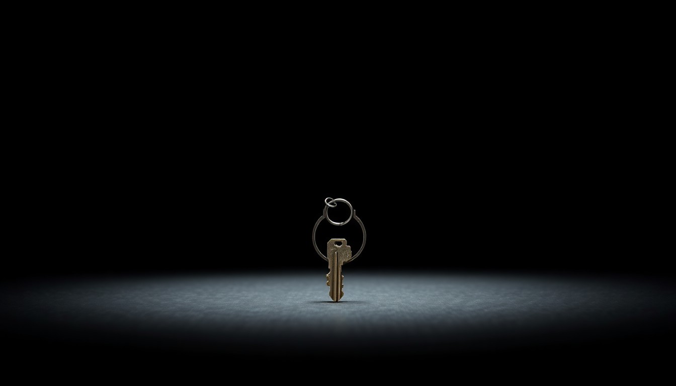 An extreme close-up photograph of a boat key against a pitch-black background, lit by a harsh, direct camera flash, conceptually representing a central piece of physical evidence in the investigation into a mysterious disappearance at sea.