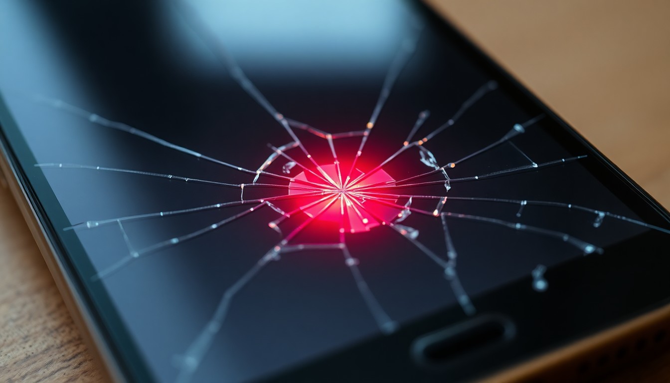 An extreme close-up of a shattered cell phone screen, the cracked glass reflecting a faint red light, conceptually representing the use of digital evidence in a violent crime investigation.